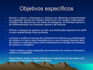 Objetivos específicos Estimar o volume, a biomassa e o carbono dos diferentes compartimentos da vegetação através de métodos destrutivos e de modelos matemáticos (métodos não destrutivos), em áreas de pastagens, de florestas nativas e de reflorestamento com espécies nativas e de exóticas. Estimar o estoque de carbono no solo, sua distribuição espacial e em perfil e suas características físico-químicas; Levantar e avaliar as lacunas de conhecimento relativas ao conhecimento do carbono no solo e suas interações com o uso e manejo florestal, além de avaliar os métodos atuais como indicadores da evolução dos estoques de carbono e nitrogênio. Testar modelos e gerar equações para estimativa de volume, biomassa e carbono na vegetação. Disponibilizar dados a serem utilizados em estimativas de biomassa e de carbono de formações vegetais similares.  