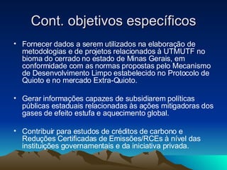 Cont. objetivos específicos Fornecer dados a serem utilizados na elaboração de metodologias e de projetos relacionados à UTMUTF no bioma do cerrado no estado de Minas Gerais, em conformidade com as normas propostas pelo Mecanismo de Desenvolvimento Limpo estabelecido no Protocolo de Quioto e no mercado Extra-Quioto. Gerar informações capazes de subsidiarem políticas públicas estaduais relacionadas às ações mitigadoras dos gases de efeito estufa e aquecimento global. Contribuir para estudos de créditos de carbono e Reduções Certificadas de Emissões/RCEs à nível das instituições governamentais e da iniciativa privada. 