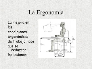 La Ergonomia
La mejora en
las
condiciones
ergonómicas
de trabajo hace
que se
  reduzcan
las lesiones
 