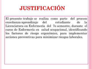 JUSTIFICACIÓN
El presente trabajo se realiza como parte del proceso
enseñanza-aprendizaje del estudiante de la
Licenciatura en Enfermería del 7o semestre, durante el
curso de Enfermería en salud ocupacional, identificando
los factores de riesgo ergonómico, para implementar
acciones preventivas para minimizar riesgos laborales.
 