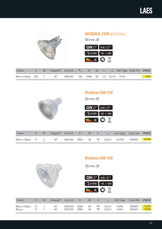 9,89
Color
Color Ø
Blanco Cálido
K
3000
Ø
50
L
53 GU10
Ud. Caja
10/50
Cod. Art
50 mm. Ø
DICRÓICA 230V |FullGlass
DicróicasCOB12V
Blanco Cálido 50
50 mm. Ø
PVR €
DicróicasCOB12V
Blanco Cálido
Blanco
50
50
Color
V
V
230
12
12
12
V
W
W
5
6
7
7
W
Lm/Cd
Lm/Cd
400/650
500/630
500/530
520/530
Lm/Cd
Ánguloº
Ánguloº
36º
60º
36º
36º
Ánguloº
Ra
K
>80
3000
3000
4000
K Ø
L
52
48
48
L
Ud. Caja
10/100
10/50
10/50
Ud. Caja
Cod. Art
983852
983869
983876
Cod. Art
GU5,3
GU5,3
GU5,3
50 mm. Ø
27,00
PVR €
PVR €
13,00
13,00
20.000h 5W 50W
40.000h 6W 50W
20.000h 7W 50W
23
 