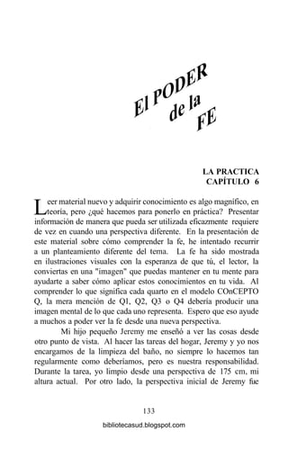 LA PRACTICA
CAPÍTULO 6
Leer material nuevo y adquirir conocimiento es algo magnífico, en
teoría, pero ¿qué hacemos para ponerlo en práctica? Presentar
información de manera que pueda ser utilizada eficazmente requiere
de vez en cuando una perspectiva diferente. En la presentación de
este material sobre cómo comprender la fe, he intentado recurrir
a un planteamiento diferente del tema. La fe ha sido mostrada
en ilustraciones visuales con la esperanza de que tú, el lector, la
conviertas en una "imagen" que puedas mantener en tu mente para
ayudarte a saber cómo aplicar estos conocimientos en tu vida. Al
comprender lo que significa cada quarto en el modelo COnCEPTO
Q, la mera mención de Ql, Q2, Q3 o Q4 debería producir una
imagen mental de lo que cada uno representa. Espero que eso ayude
a muchos a poder ver la fe desde una nueva perspectiva.
Mi hijo pequeño Jeremy me enseñó a ver las cosas desde
otro punto de vista. Al hacer las tareas del hogar, Jeremy y yo nos
encargamos de la limpieza del baño, no siempre lo hacemos tan
regularmente como deberíamos, pero es nuestra responsabilidad.
Durante la tarea, yo limpio desde una perspectiva de 175 cm, mi
altura actual. Por otro lado, la perspectiva inicial de Jeremy fue
133
bibliotecasud.blogspot.com
 
