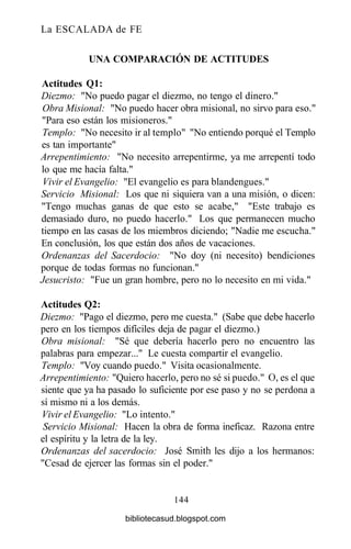 La ESCALADA de FE
UNA COMPARACIÓN DE ACTITUDES
Actitudes Ql:
Diezmo: "No puedo pagar el diezmo, no tengo el dinero."
Obra Misional: "No puedo hacer obra misional, no sirvo para eso."
"Para eso están los misioneros."
Templo: "No necesito ir al templo" "No entiendo porqué el Templo
es tan importante"
Arrepentimiento: "No necesito arrepentirme, ya me arrepentí todo
lo que me hacía falta."
Vivir el Evangelio: "El evangelio es para blandengues."
Servicio Misional: Los que ni siquiera van a una misión, o dicen:
"Tengo muchas ganas de que esto se acabe," "Este trabajo es
demasiado duro, no puedo hacerlo." Los que permanecen mucho
tiempo en las casas de los miembros diciendo; "Nadie me escucha."
En conclusión, los que están dos años de vacaciones.
Ordenanzas del Sacerdocio: "No doy (ni necesito) bendiciones
porque de todas formas no funcionan."
Jesucristo: "Fue un gran hombre, pero no lo necesito en mi vida."
Actitudes Q2:
Diezmo: "Pago el diezmo, pero me cuesta." (Sabe que debe hacerlo
pero en los tiempos difíciles deja de pagar el diezmo.)
Obra misional: "Sé que debería hacerlo pero no encuentro las
palabras para empezar..." Le cuesta compartir el evangelio.
Templo: "Voy cuando puedo." Visita ocasionalmente.
Arrepentimiento: "Quiero hacerlo, pero no sé si puedo." O, es el que
siente que ya ha pasado lo suficiente por ese paso y no se perdona a
sí mismo ni a los demás.
Vivir el Evangelio: "Lo intento."
Servicio Misional: Hacen la obra de forma ineficaz. Razona entre
el espíritu y la letra de la ley.
Ordenanzas del sacerdocio: José Smith les dijo a los hermanos:
"Cesad de ejercer las formas sin el poder."
144
bibliotecasud.blogspot.com
 