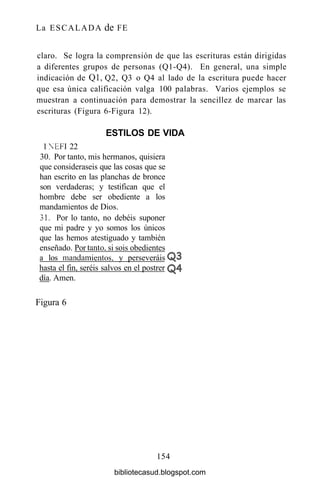 La ESCALADA de FE
claro. Se logra la comprensión de que las escrituras están dirigidas
a diferentes grupos de personas (Q1-Q4). En general, una simple
indicación de Ql, Q2, Q3 o Q4 al lado de la escritura puede hacer
que esa única calificación valga 100 palabras. Varios ejemplos se
muestran a continuación para demostrar la sencillez de marcar las
escrituras (Figura 6-Figura 12).
ESTILOS DE VIDA
1 NEFI 22
30. Por tanto, mis hermanos, quisiera
que consideraseis que las cosas que se
han escrito en las planchas de bronce
son verdaderas; y testifican que el
hombre debe ser obediente a los
mandamientos de Dios.
31. Por lo tanto, no debéis suponer
que mi padre y yo somos los únicos
que las hemos atestiguado y también
enseñado. Por tanto, si sois obedientes
a los mandamientos, y perseveráis
hasta el fin, seréis salvos en el postrer
día. Amen.
Figura 6
154
bibliotecasud.blogspot.com
 