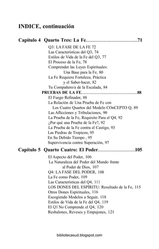 ÍNDICE, continuación
Capítulo 4 Quarto Tres: La Fe 71
Q3: LA FASE DE LA FE 72
Las Características del Q3, 74
Estilos de Vida de la Fe del Q3, 77
El Proceso de la Fe, 78
Comprender las Leyes Espirituales:
Una Base para la Fe, 80
La Fe Requiere Fortaleza, Práctica
y el Saber-hacer, 82
Tu Compañero/a de la Escalada, 84
PRUEBAS DE LA FE 88
El Fuego Refinador, 88
La Relación de Una Prueba de Fe con
Los Cuatro Quartos del Modelo COnCEPTO Q, 89
Las Aflicciones y Tribulaciones, 90
La Prueba de la Fe, Requisito Para el Q4, 92
¿Por qué una Prueba de la Fe?, 92
La Prueba de la Fe contra el Castigo, 93
Las Piedras de Tropiezo, 95
En Su Debido Tiempo , 95
Supervivencia contra Superación, 97
Capítulo 5 Quarto Cuatro: El Poder 105
El Aspecto del Poder, 106
La Naturaleza del Poder del Mundo frente
al Poder de Dios, 107
Q4: LA FASE DEL PODER, 108
La Fe como Poder, 109
Las Características del Q4, 111
LOS DONES DEL ESPÍRITU: Resultado de la Fe, 115
Otros Dones Espirituales, 116
Escogiendo Modelos a Seguir, 118
Estilos de Vida de la Fe del Q4, 119
El Ql No Comprende el Q4, 120
Resbalones, Reveses y Empujones, 121
bibliotecasud.blogspot.com
 