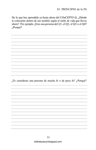 El PRINCIPIO de la FE
31
De lo que has aprendido ya hasta ahora del COnCEPTO Q, ¿Dónde
te colocarías dentro de ese modelo según el estilo de vida que llevas
ahora? Por ejemplo ¿Eres una persona del Ql, el Q2, el Q3 o el Q4?
¿Porqué?
¿Te consideras una persona de mucha fe o de poca fe? ¿Porqué?
bibliotecasud.blogspot.com
 