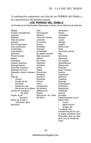 Ql: LA FASE DEL DESEO
A continuación exponemos una lista de los PERROS del Diablo o
las características del hombre natural:
LOS PERROS DEL DIABLO
(la Perdida de la Espiritualidad Representa la Razón de los Objetivos de Satanás)
Maldad
Corazón Empedernido
Iniquidad
Rebeldía
Falta de caridad
Egoísmo
Auto-Proclamación
Auto-Justificación
Incredulidad
Insensibilidad
Apostasía
Pecaminosidad
Malicia
Indisciplina
Ceguera Espiritual
Desorganización
Oscuridad Espiritual
Debilidad Espiritual
Búsqueda propios intereses
Ira
Falta de:
• Oración
• Estudio de las
Escrituras
• Asistencia a las
Reuniones de la Iglesia
Lentitud en acordarse
del Señor
Orgullo de ser
"Instruido"
Placer por el dolor y
sufrimiento ajeno
Desprecio
Odio
Preocupación
Mentiras
Temor del Hombre
Liviandad
Fornicación
Dureza
Brutalidad
Impureza
Incredulidad
No dejarse enseñar
Mala educación
Dilación
Ser Carnal
Depresión
Confusión
Crítica
Peleas
Discusiones
Venganza
Sarcasmo
Amenazas
Chisme
Celos
Escepticismo
No perdonar
Maledicencia
Orgullo
Desconocer los tratos
del Señor
Gandulería
Pereza
Inmoralidad
Adulterio
Lujuria
Vanidad
Engaño
Mente sucia
Duda
Perversión Sexual
Ego
Ignorancia
Hipocresía
No cooperar
Desobediencia
Desacuerdo
Prejuicios
Hacer Trampas
Avaricia
Impaciencia
Deshonra
Tacañería
Discordia
Contradicción
Contención
Obscenidad
Libertinaje
Lascivia
Suciedad
Despreocupación por la
Salud Física:
• Fumar
• Beber Alcohol
• Drogas, etc.
Y cualquier otra
característica del Q1 que
se pueda considerar como
Oscuridad y que nos aleje
de la Luz y la Verdad de
Cristo.
39
bibliotecasud.blogspot.com
 
