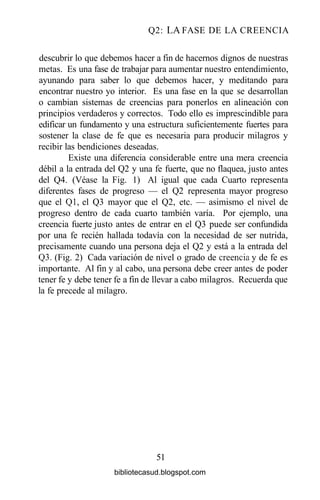 Q2: LA FASE DE LA CREENCIA
descubrir lo que debemos hacer a fin de hacernos dignos de nuestras
metas. Es una fase de trabajar para aumentar nuestro entendimiento,
ayunando para saber lo que debemos hacer, y meditando para
encontrar nuestro yo interior. Es una fase en la que se desarrollan
o cambian sistemas de creencias para ponerlos en alineación con
principios verdaderos y correctos. Todo ello es imprescindible para
edificar un fundamento y una estructura suficientemente fuertes para
sostener la clase de fe que es necesaria para producir milagros y
recibir las bendiciones deseadas.
Existe una diferencia considerable entre una mera creencia
débil a la entrada del Q2 y una fe fuerte, que no flaquea, justo antes
del Q4. (Véase la Fig. 1) Al igual que cada Cuarto representa
diferentes fases de progreso — el Q2 representa mayor progreso
que el Ql, el Q3 mayor que el Q2, etc. — asimismo el nivel de
progreso dentro de cada cuarto también varía. Por ejemplo, una
creencia fuerte justo antes de entrar en el Q3 puede ser confundida
por una fe recién hallada todavía con la necesidad de ser nutrida,
precisamente cuando una persona deja el Q2 y está a la entrada del
Q3. (Fig. 2) Cada variación de nivel o grado de creencia y de fe es
importante. Al fin y al cabo, una persona debe creer antes de poder
tener fe y debe tener fe a fin de llevar a cabo milagros. Recuerda que
la fe precede al milagro.
51
bibliotecasud.blogspot.com
 