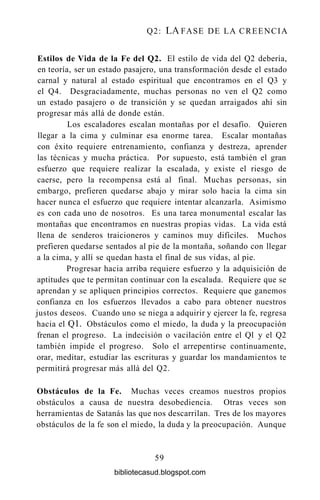 Q2: LA FASE DE LA CREENCIA
Estilos de Vida de la Fe del Q2. El estilo de vida del Q2 debería,
en teoría, ser un estado pasajero, una transformación desde el estado
carnal y natural al estado espiritual que encontramos en el Q3 y
el Q4. Desgraciadamente, muchas personas no ven el Q2 como
un estado pasajero o de transición y se quedan arraigados ahí sin
progresar más allá de donde están.
Los escaladores escalan montañas por el desafío. Quieren
llegar a la cima y culminar esa enorme tarea. Escalar montañas
con éxito requiere entrenamiento, confianza y destreza, aprender
las técnicas y mucha práctica. Por supuesto, está también el gran
esfuerzo que requiere realizar la escalada, y existe el riesgo de
caerse, pero la recompensa está al final. Muchas personas, sin
embargo, prefieren quedarse abajo y mirar solo hacia la cima sin
hacer nunca el esfuerzo que requiere intentar alcanzarla. Asimismo
es con cada uno de nosotros. Es una tarea monumental escalar las
montañas que encontramos en nuestras propias vidas. La vida está
llena de senderos traicioneros y caminos muy difíciles. Muchos
prefieren quedarse sentados al pie de la montaña, soñando con llegar
a la cima, y allí se quedan hasta el final de sus vidas, al pie.
Progresar hacia arriba requiere esfuerzo y la adquisición de
aptitudes que te permitan continuar con la escalada. Requiere que se
aprendan y se apliquen principios correctos. Requiere que ganemos
confianza en los esfuerzos llevados a cabo para obtener nuestros
justos deseos. Cuando uno se niega a adquirir y ejercer la fe, regresa
hacia el Ql. Obstáculos como el miedo, la duda y la preocupación
frenan el progreso. La indecisión o vacilación entre el Ql y el Q2
también impide el progreso. Solo el arrepentirse continuamente,
orar, meditar, estudiar las escrituras y guardar los mandamientos te
permitirá progresar más allá del Q2.
Obstáculos de la Fe. Muchas veces creamos nuestros propios
obstáculos a causa de nuestra desobediencia. Otras veces son
herramientas de Satanás las que nos descarrilan. Tres de los mayores
obstáculos de la fe son el miedo, la duda y la preocupación. Aunque
59
bibliotecasud.blogspot.com
 