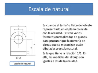 Escala de natural
Es cuando el tamaño físico del objeto
representado en el plano coincide
con la realidad. Existen varios
formatos normalizados de planos
para procurar que la mayoría de
piezas que se mecanizan estén
dibujadas a escala natural.
Es la que tiene la relación 1/1. En
ella, las medidas del dibujo son
iguales a las de la realidad.
Escala de natural
 