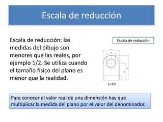 Escala de reducción
Escala de reducción: las
medidas del dibujo son
menores que las reales, por
ejemplo 1/2. Se utiliza cuando
el tamaño físico del plano es
menor que la realidad.
Escala de reducción
Para conocer el valor real de una dimensión hay que
multiplicar la medida del plano por el valor del denominador.
 