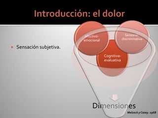  Sensación subjetiva.
Dimensiones
Cognitiva-
evaluativa
Afectivo-
emocional
Sensorial-
discriminativa
Melzack y Casey. 1968
 