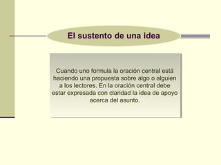 Cuando uno formula la oración central está
haciendo una propuesta sobre algo o alguien
a los lectores. En la oración central debe
estar expresada con claridad la idea de apoyo
acerca del asunto.
Cuando uno formula la oración central está
haciendo una propuesta sobre algo o alguien
a los lectores. En la oración central debe
estar expresada con claridad la idea de apoyo
acerca del asunto.
 