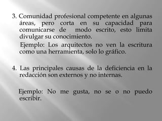 3. Comunidad profesional competente en algunas
   áreas, pero corta en su capacidad para
   comunicarse de modo escrito, esto limita
   divulgar su conocimiento.
   Ejemplo: Los arquitectos no ven la escritura
   como una herramienta, solo lo gráfico.

4. Las principales causas de la deficiencia en la
   redacción son externos y no internas.

  Ejemplo: No me gusta, no se o no puedo
  escribir.
 