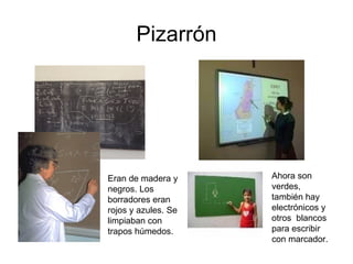 Pizarrón Eran de madera y negros. Los borradores eran rojos y azules. Se limpiaban con trapos húmedos. Ahora son verdes, también hay electrónicos y otros  blancos para escribir con marcador. 