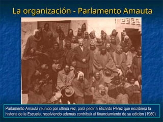 La organización - Parlamento Amauta
La organización - Parlamento Amauta
Parlamento Amauta reunido por ultima vez, para pedir a Elizardo Pérez que escribiera la
Parlamento Amauta reunido por ultima vez, para pedir a Elizardo Pérez que escribiera la
historia de la Escuela, resolviendo además contribuir al financiamiento de su edición (1960)
historia de la Escuela, resolviendo además contribuir al financiamiento de su edición (1960)
 