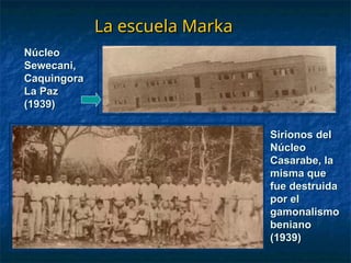 La escuela Marka
La escuela Marka
Núcleo
Núcleo
Sewecani,
Sewecani,
Caquingora
Caquingora
La Paz
La Paz
(1939)
(1939)
Sirionos del
Sirionos del
Núcleo
Núcleo
Casarabe, la
Casarabe, la
misma que
misma que
fue destruida
fue destruida
por el
por el
gamonalismo
gamonalismo
beniano
beniano
(1939)
(1939)
 