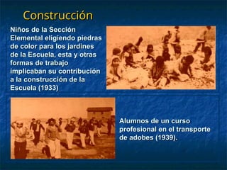Construcción
Construcción
Niños de la Sección
Niños de la Sección
Elemental eligiendo piedras
Elemental eligiendo piedras
de color para los jardines
de color para los jardines
de la Escuela, esta y otras
de la Escuela, esta y otras
formas de trabajo
formas de trabajo
implicaban su contribución
implicaban su contribución
a la construcción de la
a la construcción de la
Escuela (1933)
Escuela (1933)
Alumnos de un curso
Alumnos de un curso
profesional en el transporte
profesional en el transporte
de adobes (1939).
de adobes (1939).
 