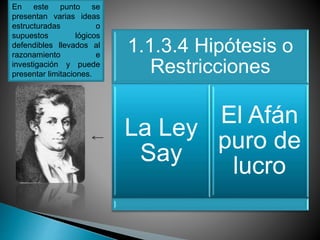 1.1.3.4 Hipótesis o
Restricciones
La Ley
Say
El Afán
puro de
lucro
En este punto se
presentan varias ideas
estructuradas o
supuestos lógicos
defendibles llevados al
razonamiento e
investigación y puede
presentar limitaciones.
 
