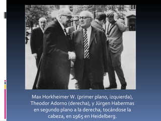 Max Horkheimer W. (primer plano, izquierda), Theodor Adorno (derecha), y Jürgen Habermas en segundo plano a la derecha, tocándose la cabeza, en 1965 en Heidelberg. 