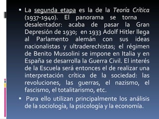 La  segunda etapa  es la de la  Teoría Crítica  (1937-1940). El panorama se torna  desalentador: acaba de pasar la Gran Depresión de 1930;  en 1933 Adolf Hitler llega al Parlamento alemán con sus ideas nacionalistas y ultraderechistas; el régimen de Benito Mussolini se impone en Italia y en España se desarrolla la Guerra Civil. El interés de la Escuela será entonces el de realizar una interpretación crítica de la sociedad: las revoluciones, las guerras, el nazismo, el fascismo, el totalitarismo, etc.   Para ello utilizan principalmente los análisis de la sociología, la psicología y la economía.  