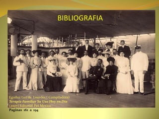 BIBLIOGRAFIAEguiluz Luz de  Lourdes ( Compiladora)Terapia Familiar Su Uso Hoy en Día(2007) Editorial Pax MexicoPaginas  161  a  194