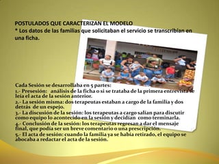 POSTULADOS QUE CARACTERIZAN EL MODELO* Los datos de las familias que solicitaban el servicio se transcribían en una ficha.Cada Sesión se desarrollaba en 5 partes:1.- Presesión:   análisis de la ficha o si se trataba de la primera entrevista se leía el acta de la sesión anterior.2.- La sesión misma: dos terapeutas estaban a cargo de la familia y dos detrás  de un espejo.3.- La discusión de la sesión: los terapeutas a cargo salían para discutir como equipo lo acontecido en la sesión y decidían  como terminarla.4.- Conclusión de la sesión: los terapeutas regresan a dar el mensaje final, que podía ser un breve comentario o una prescripción.5.- El acta de sesión: cuando la familia ya se había retirado, el equipo se abocaba a redactar el acta de la sesión.