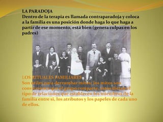 LA PARADOJADentro de la terapia es llamada contraparadoja y coloca a la familia es una posición donde haga lo que haga a partir de ese momento, está bien (genera culpas en los padres)LOS RITUALES FAMILIARESSon útiles para derrumbar mitos; los mitos son convicciones que el grupo comparte, estos dictan el tipo de relaciones que establecen los miembros de la familia entre si, los atributos y los papeles de cada uno de ellos.