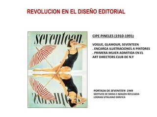 REVOLUCION EN EL DISEÑO EDITORIAL
CIPE PINELES (1910-1991)
VOGUE, GLAMOUR, SEVENTEEN
. ENCARGA ILUSTRACIONES A PINTORES
. PRIMERA MUJER ADMITIDA EN EL
ART DIRECTORS CLUB DE N.Y
PORTADA DE SEVENTEEN 1949
MOTIVOS DE RAYAS E IMAGEN REFLEJADA
LOGRAN VITALIDAD GRÁFICA
 