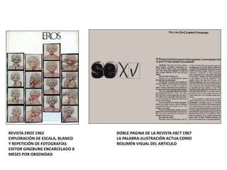 REVISTA EROS 1962
EXPLORACIÓN DE ESCALA, BLANCO
Y REPETICIÓN DE FOTOGRAFÍAS
EDITOR GINZBURG ENCARCELADO 8
MESES POR OBSENIDAD
DOBLE PAGINA DE LA REVISTA FACT 1967
LA PALABRA-ILUSTRACIÓN ACTUA COMO
RESUMÉN VISUAL DEL ARTICULO
 