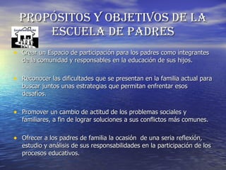ProPósitos y objetivos de La
      escueLa de Padres
• Crear un Espacio de participación para los padres como integrantes
   de la comunidad y responsables en la educación de sus hijos.

• Reconocer las dificultades que se presentan en la familia actual para
   buscar juntos unas estrategias que permitan enfrentar esos
   desafíos.

• Promover un cambio de actitud de los problemas sociales y
   familiares, a fin de lograr soluciones a sus conflictos más comunes.

• Ofrecer a los padres de familia la ocasión de una seria reflexión,
   estudio y análisis de sus responsabilidades en la participación de los
   procesos educativos.
 