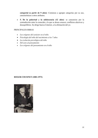 categorial (a partir de 9 años): Comienza a agrupar categorías por su uso,
      características u otros atributos.

  •   5. De la pubertad y la adolescencia (12 años): se caracteriza por la
      contradicción entre lo conocido y lo que se desea conocer, conflictos afectivos y
      desequilibrios. Se dirige hacia el interior, a la afirmación del yo.

PRINCIPALES OBRAS

  •   Los orígenes del carácter en el niño.
  •   Psicología del niño del nacimiento a los 7 años
  •   La evolución psicológica del niño
  •   Del acto al pensamiento
  •   Los orígenes del pensamiento en el niño




ROGER COUSINET (1881-1973)




                                                                                    22
 
