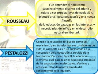 Fue entender al niño como
                  sustancialmente distinto del adulto y
                sujeto a sus propias leyes de evolución,
               plantea una nueva pedagogía y una nueva
ROUSSEAU                        filosofía
               de la educación basadas en los intereses y
                 necesidades del niño y en el desarrollo
                           natural en libertad.

             Concibe la educación del pueblo como un
             mecanismo para transformar sus condiciones de
             vida; se convierte así en un adelantado en la
PESTALOZZI   concepción de la educación al servicio de la
             transformación social. Para él, la educación
             elemental está basada en el desarrollo armónico
             de las capacidades intelectuales, afectivas y
             artísticas. El fundamento absoluto del
             conocimiento es la Intuición.
 