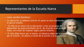 Representantes de la Escuela Nueva
• JUAN JACOBO ROUSSEAU
• La educación se debería centrar en quien se esta enseñando y no
lo que se enseña.
• - El niño es el centro de la educación y esta se encarga de
desarrollar las potencialidades de él, de acuerdo a sus propias
leyes, sin tratar de imponer algún patrón externo.
• -El niño debe hacer por si mismo, el esfuerzo debe ser sustituido
por el interés , se educa a través de la acción y la experiencia.
 