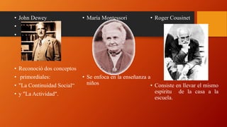 • John Dewey
•
•
• Reconoció dos conceptos
• primordiales:
• "La Continuidad Social“
• y "La Actividad".
• María Montessori
• Se enfoca en la enseñanza a
niños
• Roger Cousinet
• Consiste en llevar el mismo
espíritu de la casa a la
escuela.
 