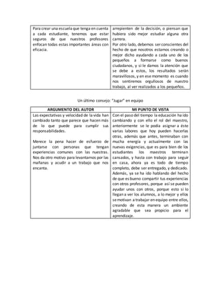 Para crear una escuelaque tenga en cuenta
a cada estudiante, tenemos que estar
seguros de que nuestros profesores
enfocan todas estas importantes áreas con
eficacia.
arrepienten de la decisión, o piensan que
hubiera sido mejor estudiar alguna otra
carrera.
Por otro lado, debemos ser conscientes del
hecho de que nosotros estamos creando o
mejor dicho ayudando a cada uno de los
pequeños a formarse como buenos
ciudadanos, y si le damos la atención que
se debe a estos, los resultados serán
maravillosos, y en ese momento es cuando
nos sentiremos orgullosos de nuestro
trabajo, al ver realizados a los pequeños.
Un último consejo: “Jugar” en equipo
ARGUMENTO DEL AUTOR MI PUNTO DE VISTA
Las expectativas y velocidad de la vida han
cambiado tanto que parece que hacen más
de lo que puede para cumplir sus
responsabilidades.
Merece la pena hacer de esfuerzo de
juntarse con personas que tengan
experiencias comunes con las nuestras.
Nos da otro motivo para levantarnos por las
mañanas y acudir a un trabajo que nos
encanta.
Con el paso del tiempo la educación ha ido
cambiando y con ello el rol del maestro,
anteriormente se le podía asignar a éste
varias labores que hoy pueden hacerlas
otras, además que antes, terminaban con
mucha energía y actualmente con las
nuevas exigencias, que es para bien de los
estudiantes los maestros terminan
cansados, y hasta con trabajo para seguir
en casa, ahora ya es todo de tiempo
completo, debe ser entregado, y dedicado.
Además, ya se ha ido hablando del hecho
de que es bueno compartir tus experiencias
con otros profesores, porque así se pueden
ayudar unos con otros, porque esto si lo
llegan a ver los alumnos, a lo mejor y ellos
semotivan a trabajar en equipo entre ellos,
creando de esta manera un ambiente
agradable que sea propicio para el
aprendizaje.
 
