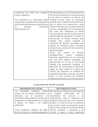 irrelevantes, son vitales para conseguir
nuestros objetivos".
"Las relaciones no se desarrollan mejor
cuando están completamente orquestadas,
sino cuando hay suficiente tiempo para que
las personas interactúen
significativamente".
interpersonales en la comunidad educativa.
Pero lo más importante es esa relación que
se da entre el maestro y el alumno, sin
embargo muchas veces no excusamos
diciendo que no tenemos tiempo para ello,
pues le damos más importancia a otros
asuntos referentes con el cumplimiento del
currículo, olvidándonos de la importancia
que tiene que trabajemos el ámbito
emocional de los alumnos. Por otra parte el
docente debe de aprovechar el tiempo no
estructurado, el tiempo tranquilo para
entablar lazos fuertes mediante la
realización de distintas actividades que
además de fortalecer dichas relaciones,
colaboren para alcanzar el éxito educativo
de los educandos.
Pienso que cuando un docente
verdaderamente quiere establecer
relaciones significativas con sus alumnos
son más útiles aquellas actividades no
estructuradas, en las que se les brinda
libertad a los estudiantes, mediante el
desarrollo de conversaciones informales,
juegos de mesa, juegos en el patio etc.
mismas que favorecen un ambiente de
aprendizaje favorable, en los que se pueda
sentir un clima armónico de confianza,
respeto, admiración y un sin fin de valores.
Lo que está más allá del currículo
ARGUMENTO DEL AUTOR MIS PUNTOS DE VISTA
"Los estudiantes establecen fuertes
vínculos con sus tutores, entrenadores, y
profesores que se convierten en
instrumentos para ayudarlesa centrarseen
los objetivos y el éxito académico, así como
la pasión, los dones y los sueños
edificantes".
"Como profesores debemos de hallar
formas de implicar a nuestros estudiantes,
Más allá de que el docente se preocupe por
los aspectos relacionados con el
cumplimiento del currículo y los
conocimientos, radica la importancia de
establecer fuertes vínculos con los alumnos,
de dejar a un lado la cara de la enseñanza
para mostrar nuestra cara personal, ya que
gracias a ello, aunque no nos demos cuenta,
estamos ayudando y motivando a los
alumnos a lograr el éxito académico,
 