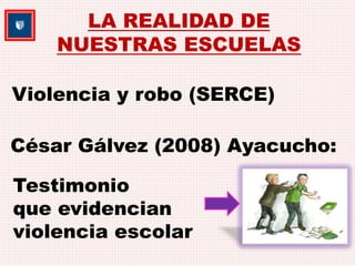 LA REALIDAD DE 
NUESTRAS ESCUELAS 
Violencia y robo (SERCE) 
César Gálvez (2008) Ayacucho: 
Testimonio 
que evidencian 
violencia escolar 
 
