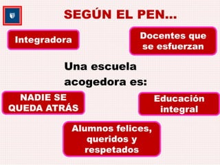 SEGÚN EL PEN… 
Integradora 
Una escuela 
acogedora es: 
Alumnos felices, 
queridos y 
respetados 
Docentes que 
se esfuerzan 
Educación 
integral 
NADIE SE 
QUEDA ATRÁS 
 