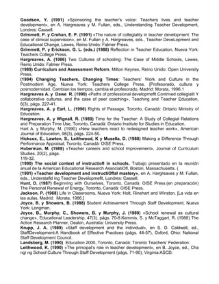 Goodson, Y. (1991) «Sponsoring the teacher’s voice: Teachers lives and teacher
development», en A. Hargreaves y M. Fullan, eds., Understanding Teacher Development,
Londres: Cassell.
Grimmett, P. y Crehan, E. P. (1991) «The nature of collegiality in teacher development: The
case of clinical supervision», en M. Fullan y A. Hargreaves, eds., Teacher DeveLopment and
Educational Change, Lewes, Reino Unido: Falmer Press.
Grimmett, P. y Erickson, G. L. (eds.) (1988) Reflection in Teacher Education, Nueva York:
Teachers College Press.
Hargreaves, A. (1986) Two Cultures of schooling: The Case of Middle Schools, Lewes,
Reino Unido: Falmer Press.
(1989) Curriculum and Assessment Reform, Milton Keynes, Reino Unido: Open University
Press.
(1994) Changing Teachers, Changing Times: Teachers’ Work and Culture in the
Postmoderri Age, Nueva York: Teachers College Press. [Profesorado, cultura y
posmodernidad. Cambian los tiempos, cambia el profesorado, Madrid: Morata, 1996.1
Hargreaves A. y Dawe R. (1990) «Paths of professional developmeflt Contrived collegialit Y
collaborative cultures, and the case of peer coaching», Teaching and Teacher Education,
6(3), págs. 227-41.
Hargreaves, A. y Earl, L. (1990) Rights of Passage, Toronto, Canadá: Ontario Ministry of
Education.
Hargreaves, A. y Wignall, R. (1989) Time for the Teacher: A Study of Collegial Relations
and Preparation Time Use, Toronto, Canadá: Ontario Institute for Studies in Education.
Hart A. y Murphy, M. (1990) «New teachers react to redesigned teacher work», American
Journal of Education, 98(3), págs. 224-50.
Hickcox, E., Lawton, S., Leithwood, K y Musella, D. (1988) Making a Difference Through
Performance Appraisal, Toronto, Canadá: OISE Press.
Huberman, M. (1988) «Teacher careers and school improvement», Journal of Curriculum
Studies, 20(2), págs.
119-32.
(1990) The social context of instructiofl in schools. Trabajo presentado en la reunión
anual de la American Educational Research AssociatiOfl, Boston, Massachusetts. (
(1991) «Teacher development and instructiOflal mastery», en A. Hargreaves y M. Fullan,
eds., Understafld ing Teacher Developmeflt, Londres: Cassell.
Hunt, D. (1987) Beginning with Ourselves, Toronto, Canadá: OISE Press.(en preparación)
The Personal Renewal of Energy, Toronto, Canadá: OISE Press.
Jackson, P. (1968) Life in Classrooms, Nueva York: Holt, Rinehart and Winston. [La vida en
las aulas, Madrid: Morata, 1986.]
Joyce, B. y Showers, B. (1988) Student Achievement Through Staff Development, Nueva
York: Longman.
Joyce, B., Murphy, C., Showers, B. y Murphy, J. (1989) «School renewal as cultural
change», Educational Leadership, 47(3), págs. 70-8.Kemmis, S. y McTaggart, R. (1988) The
Action Research Planner, Deakin, Australia: University Press.
Krupp, J. A. (1989) «Staff development and the individual», en S. D. Caldwell, ed.,
StaffDevelopment:A Handbook of Effective Practices (págs. 44-57), Oxford, Ohio: National
Staff Development Council.
Landsberg, M. (1990) Education 2000, Toronto, Canadá: Toronto Teachers’ Federation.
Leithwood, K. (1990) «The principal’s role in teacher development», en B. Joyce, ed., Cha
ngi ng School Culture Through Staff Development (págs. 71-90), Virginia:ASCD.
 