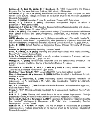 Leithwood, K, Dart, B., Jantzi, D. y Steinbach, R. (1990) Implementing the Prima,y
Program: The First Year, Columbia Británica: B.C. Ministry of Education.
Leithwood, K. y Jantzi, D. (1990) Transformational leadership: How principals can help
reform school culture. Trabajo presentado en la reunión anual de la American Educational
Research Association.
Lessing, D. (1986) Prisons Wc Choose To uve Inside, Toronto: CBC Enterprises.
Levine, D. y Eubanks, E. (1989) «Site-based management: Engine for reform o
pipedream?» Manuscrito inédito.
Lieberman A. Y Miller, L.(1990) «Teacher development in professional practice and school»,
Teachers College Record, 92, págs. 105-22.
Little, J. W. (1981) «The power of organizational setting» (Documento adaptado del informe
final, School Success and StaffDevelopment), Washington, DC: National Institute of
Education.
(1987) «Teacher as colleagues», en V. Richardson-Koehler,ed., EducatorS’ HandboOk,
págs. 491-518, White Plains: Longmafl.(1990) «The persistence of privacy: Autonomy and
iniciative in teachers’ professioflal relations», TeacherS College Record, 91(4), págs. 509-36.
Lortie, D. (1975) School Teacher: A Sociological Study, Chicago: University of Chicago
Press.
Louden, W. (1991) derstaflding Teaching, Londres:Cassell.
Louis, K. y Miles, M. B. (1990) Improving the Urban High School: What Works and Why,
Nueva York: Teachers College Press.
Lytie, S. y Cochran-Smith, M. (1990) «Learniflg from teacher research: A working typology»,
TeacherS College Record, 92(1), págs. 83-103.
McTaggart, R. (1989) «Bureaucratic rationalitY and the 5elfeducating professiOfl The
problem of teacher privatism», Journal of CurriculUm Studies, 2(4), págs.
345-61.
Mortimore, P., Sammofls, P., Stoll, L., Lewis, D. y Ecob, R. (1988) School Matters: The
Junior Years, SomerSet, Reino Unido: Open Books.
Naisbitt, J. y Aberdene, P. (1990) Megatreflds 2000, Nueva York: William MorroW.
Nias, J., Southworth, G. y Yeomans, R. (1989) StaffRela tionshipS in the Primar)’ School ,
Londres: Cassell.
Oberg, A. y Underwood, 5. (1991) «Facilitating teacher developmeflt Refiections on
experience», en A. Hargreaves y M. Fullan, eds., nderstanding Teacher Developmeflt,
Londres: Cassell.
Oja, S. N. y Smulyan, L. (1989) Collaborative Action Research: A Developmefltal Approach,
Filadelfia: Falmer Press.
Peters, T. (1987) Thriving on Chaos: HandboOk for a Management Revolution, Nueva York:
A. Knopf.
Pink W. T. (1989) Effective staff develoPment for urban school improvement. Trabajo
presentado en la reunión anual de la American Educatioflal Research Association.
Raymond, D., Butt, R. y Townsend, D. (1991) «Contexts for teacher development Insights
from teacherS’ stories»,en A. Hargreaves y M. Fullan, eds., Understanding Teacher
Development, Londres: Cassell.
Richardson, V. y Anders, P. (1990) The role of theory in descriptions of classroom
readingpractices. Trabajo presentado en la reunión anual de la American Educational
Research Association.
 