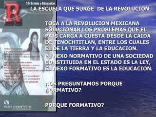 LA ESCUELA QUE SURGE  DE LA REVOLUCION TOCA A LA REVOLUCION MEXICANA SOLUCIONAR LOS PROBLEMAS QUE EL PAIS CARGA A CUESTA DESDE LA CAIDA DE TENOCHTITLAN, ENTRE LOS CUALES EL DE LA TIERRA Y LA EDUCACION. EL NEXO NORMATIVO DE UNA SOCIEDAD CONSTITUIDA EN EL ESTADO ES LA LEY, EL NEXO FORMATIVO ES LA EDUCACION. NOS PREGUNTAMOS PORQUE NORMATIVO? PORQUE FORMATIVO? 