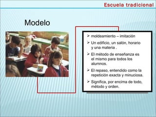 Escuela tradicional


Modelo
          moldeamiento – imitación
          Un edificio, un salón, horario
           y una materia .
          El método de enseñanza es
           el mismo para todos los
           alumnos.
          El repaso, entendido como la
           repetición exacta y minuciosa.
          Significa, por encima de todo,
           método y orden.
 