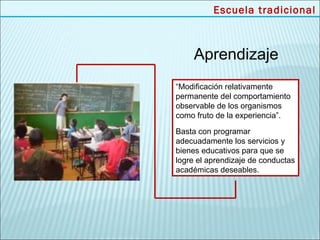Escuela tradicional



     Aprendizaje
“Modificación relativamente
permanente del comportamiento
observable de los organismos
como fruto de la experiencia”.

Basta con programar
adecuadamente los servicios y
bienes educativos para que se
logre el aprendizaje de conductas
académicas deseables.
 