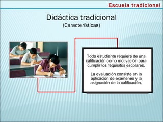 Escuela tradicional

Didáctica tradicional
    (Características)




              Todo estudiante requiere de una
              calificación como motivación para
               cumplir los requisitos escolares.

                La evaluación consiste en la
                aplicación de exámenes y la
                asignación de la calificación.
 