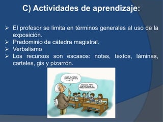 C) Actividades de aprendizaje:

 El profesor se limita en términos generales al uso de la
  exposición.
 Predominio de cátedra magistral.
 Verbalismo
 Los recursos son escasos: notas, textos, láminas,
  carteles, gis y pizarrón.
 