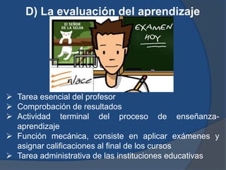 D) La evaluación del aprendizaje




 Tarea esencial del profesor
 Comprobación de resultados
 Actividad terminal del proceso de enseñanza-
  aprendizaje
 Función mecánica, consiste en aplicar exámenes y
  asignar calificaciones al final de los cursos
 Tarea administrativa de las instituciones educativas
 
