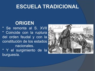 ESCUELA TRADICIONAL


       ORIGEN
* Se remonta al S. XVII
* Coincide con la ruptura
del orden feudal y con la
constitución de los estados
        nacionales.
* Y el surgimiento de la
burguesía.
 