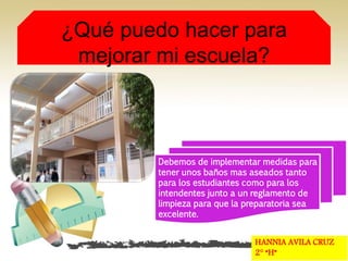 ¿Qué puedo hacer para
mejorar mi escuela?
Debemos de implementar medidas para
tener unos baños mas aseados tanto
para los estudiantes como para los
intendentes junto a un reglamento de
limpieza para que la preparatoria sea
excelente.
HANNIA AVILA CRUZ
2° “H”
 
