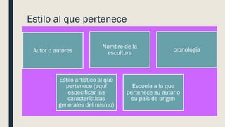 Estilo al que pertenece
Autor o autores
Nombre de la
escultura
cronología
Estilo artístico al que
pertenece (aquí
especificar las
características
generales del mismo)
Escuela a la que
pertenece su autor o
su país de origen
 